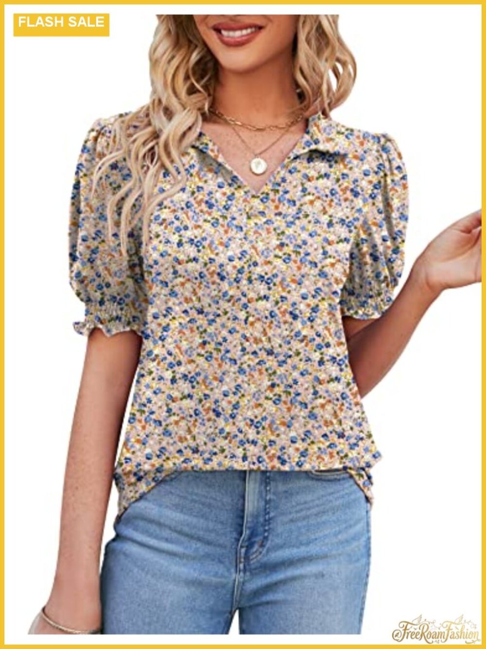 Women's Puffy Short Sleeve V-Neck Polo Tunic Blouse Business Casual